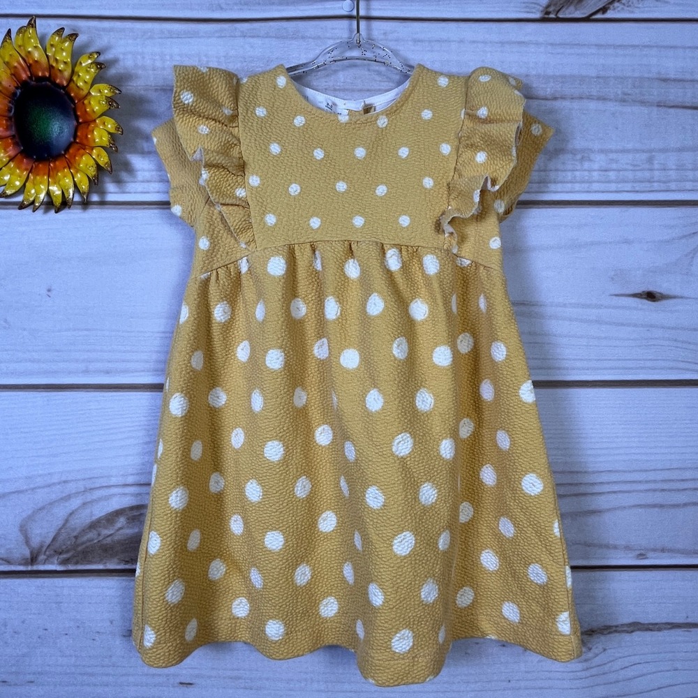 Zara Kids Mustard Yellow Polka Dot Ruffle Sleeve Textured Dress Size 2-3 Years